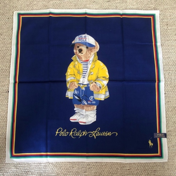 NEW Polo Ralph Lauren Bear Cotton Handkerchief Scarf Pocket Square Yellow Jacket - Picture 1 of 3
